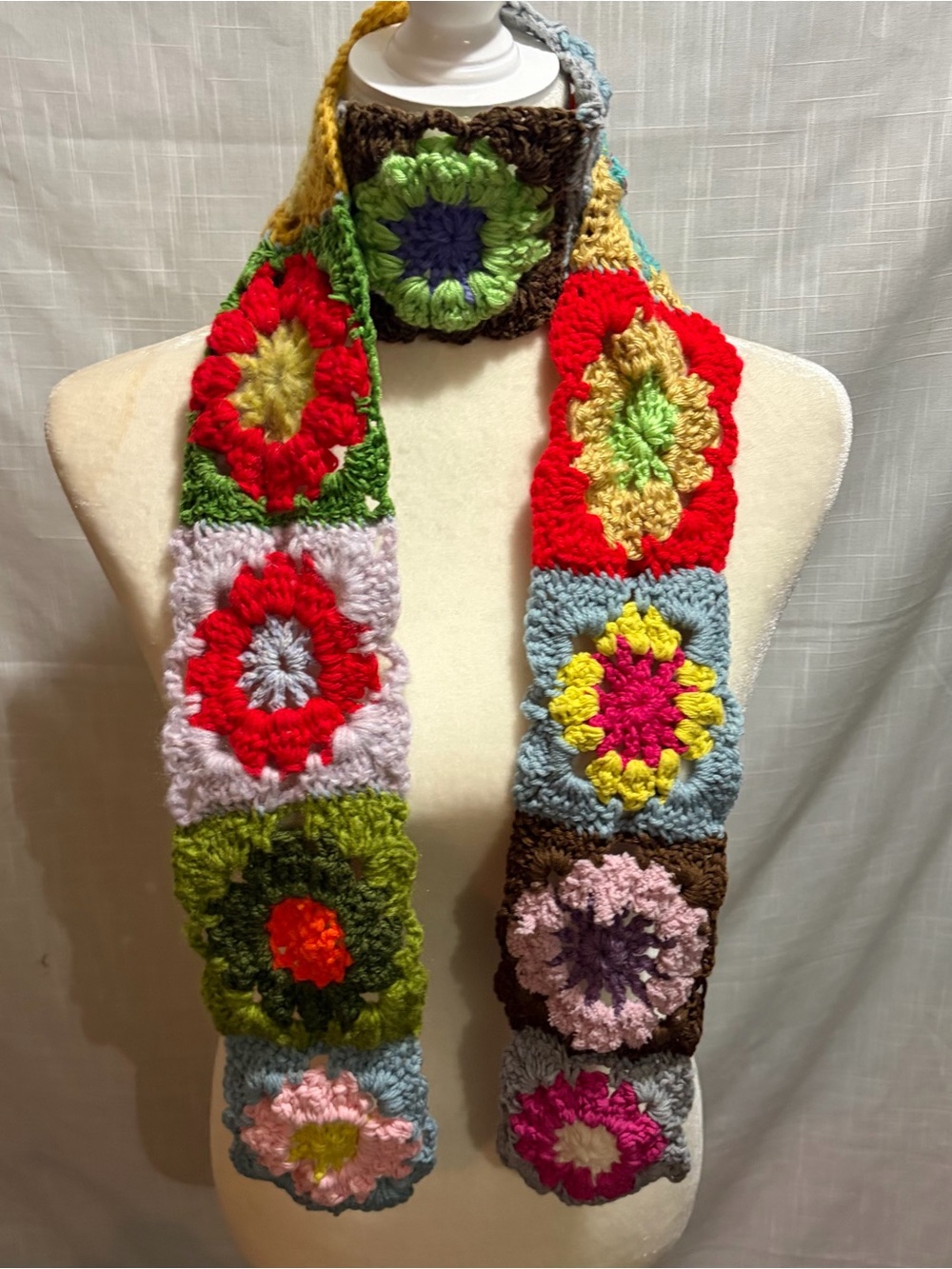 Crochet Flower Granny Square Scarf New
